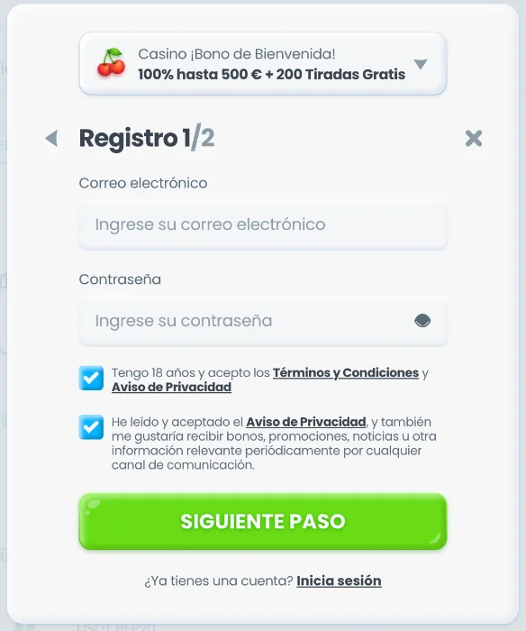 Formulario de registro e inicio de sesión en Cazimbo Casino