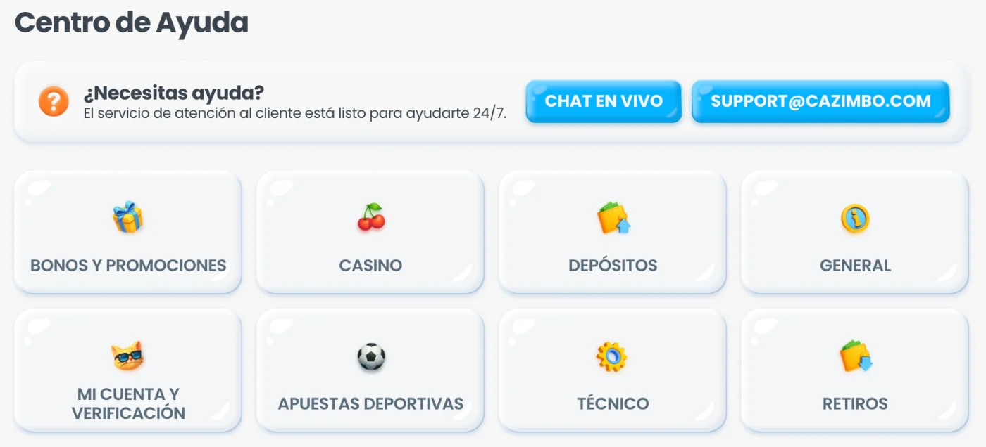 Servicio de atención al cliente y soporte de Cazimbo Casino